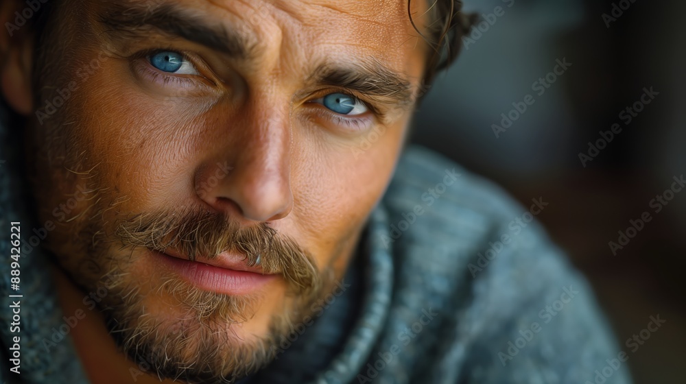 Obraz premium Close Up Portrait of a Young Man With Blue Eyes and Facial Hair