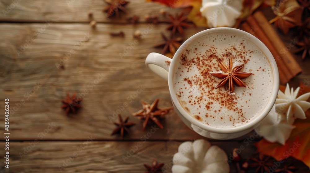 Spiced Chai Latte with frothy milk brewed with cinnamon and aromatic spices. Concept Warm beverage, Chai tea, Spices, Frothy Spiced Chai Latte with frothy milk brewed with cinnamon and aromatic spices. Concept Warm beverage, Chai tea, Spices, Frothy