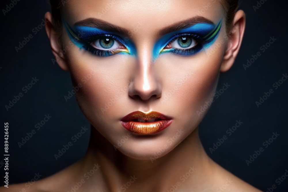 Vibrant close-up of a flawless facial canvas, adorned with trendy blue eyeliner and chic makeup, set against a sleek black background, epitomizing modern beauty standards. Vibrant close-up of a flawless facial canvas, adorned with trendy blue eyeliner and chic makeup, set against a sleek black background, epitomizing modern beauty standards.