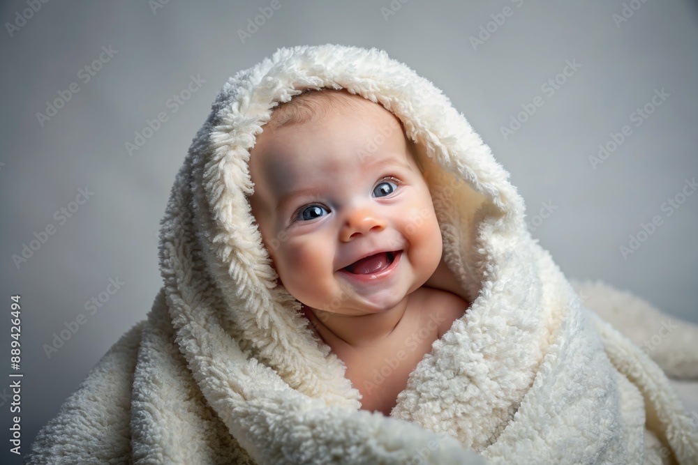 Adorable white furry blanket wrapped around a happy smiling Caucasian infant after bath, against a light gray background, showcasing soft textiles for kids. Adorable white furry blanket wrapped around a happy smiling Caucasian infant after bath, against a light gray background, showcasing soft textiles for kids.