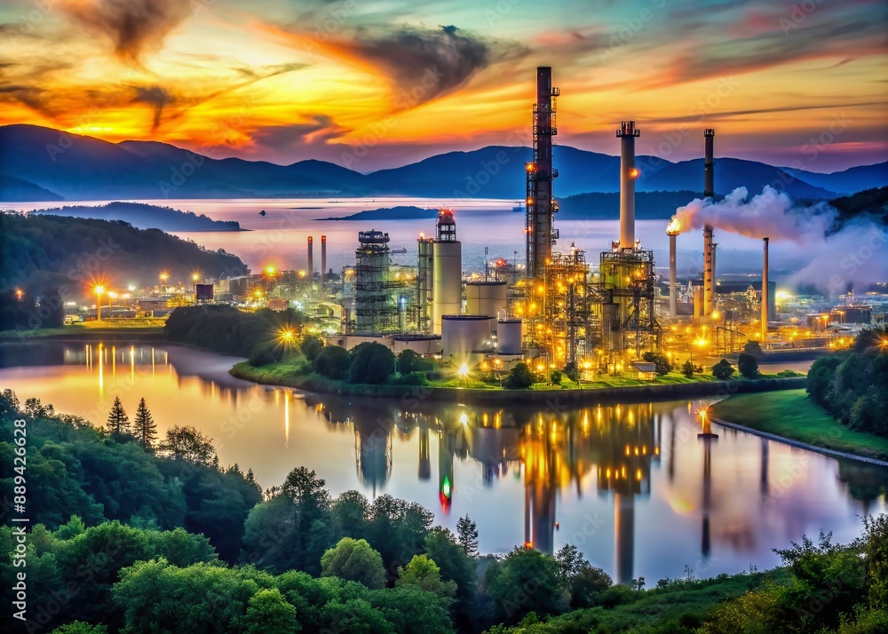 Fototapeta premium Majestic refinery tower rises above industrial plant at twilight, surrounded by serene natural landscape of rolling hills, misty forests, and a tranquil lake.