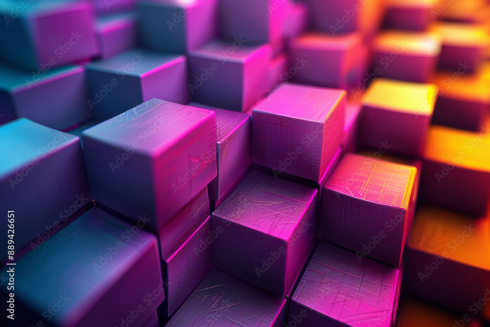 A repeating pattern of purple and yellow 3D cubes, with a gradient effect adding depth to the geometric design, A repeating pattern of purple and yellow 3D cubes, with a gradient effect adding depth to the geometric design,