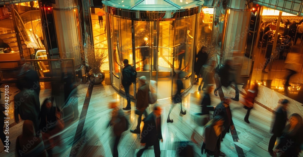 Blurred business crowd walking through a hotel lobby, surrounded by revolving doors and bright lighting