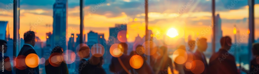 Blurred business crowd networking at a corporate cocktail party, with skyscrapers and a sunset view in the background