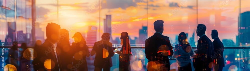 Blurred business crowd networking at a corporate cocktail party, with skyscrapers and a sunset view in the background