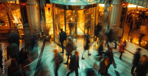 Obraz na płótnie Blurred business crowd walking through a hotel lobby, surrounded by revolving doors and bright lighting w salonie