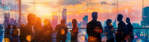 Blurred business crowd networking at a corporate cocktail party, with skyscrapers and a sunset view in the background photo