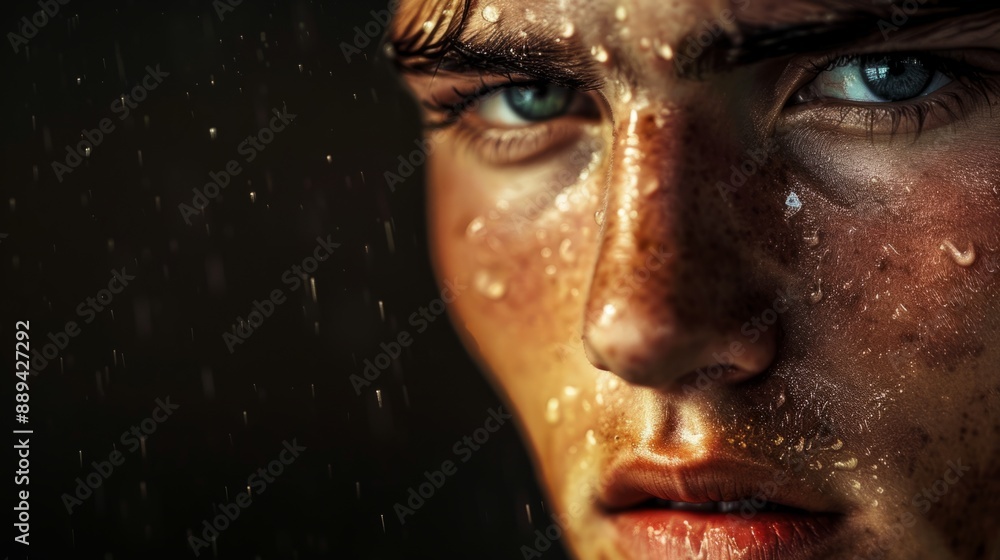 Person with sweat visible on the forehead and dripping down the face generative ai Person with sweat visible on the forehead and dripping down the face generative ai