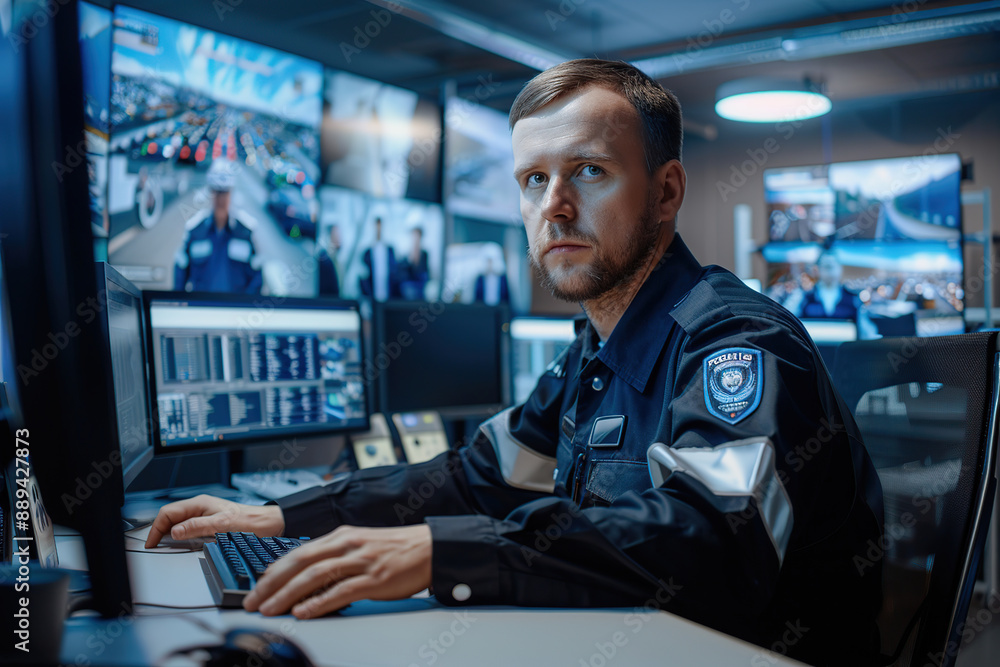 Fototapeta premium Security specialist working at control center with many computer screens