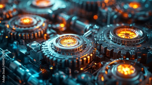 Close-up of intricate mechanical gears with glowing orange lights, showcasing advanced technology and engineering precision.