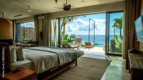 Modern bedroom with a view of the ocean and palm trees. © Nijat