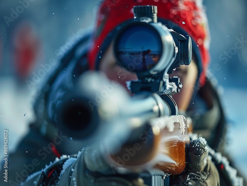 Close Up Of A Biathlete Aiming Rifle In Snowy Winter Conditions