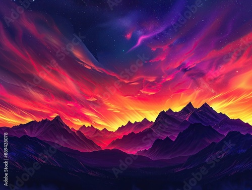 Jagged mountain range silhouetted against a vibrant sunset, streaks of orange, purple, and red across the sky , 3D style