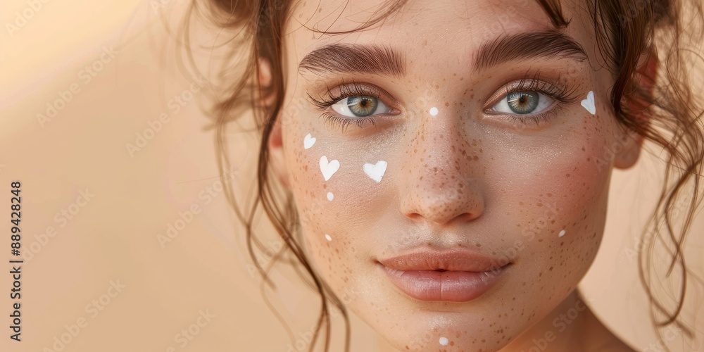 This artistic portrait beautifully captures the innocence and charm of a young woman with freckles and a heartshaped face, showcasing her unique beauty and adding a creative touch This artistic portrait beautifully captures the innocence and charm of a young woman with freckles and a heartshaped face, showcasing her unique beauty and adding a creative touch