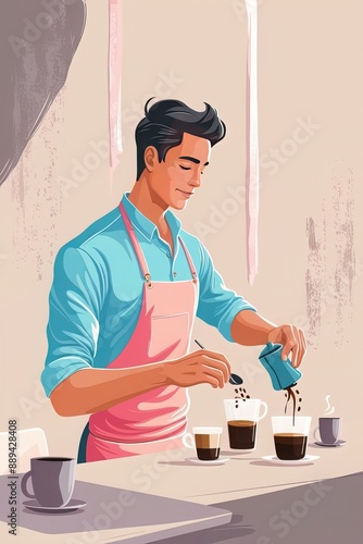 A unique digital illustration of a male barista make coffee