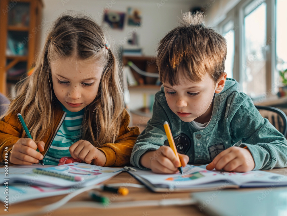 Young Children Drawing Together at a Table Inside a Home Young Children Drawing Together at a Table Inside a Home