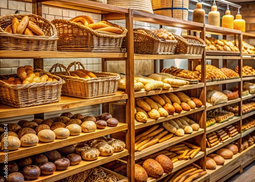 Freshly baked bread, pastries, and desserts overflow from woven baskets and wooden shelves in a warm, inviting bakery section of a large supermarket.