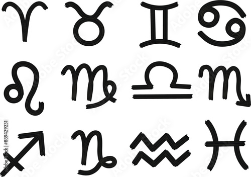 Zodiac sign set icon. Simple vector illustration hand drawn horoscope symbol gouache brush stroke black color