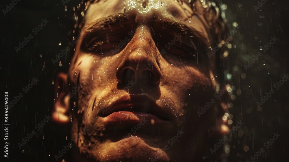 Person with sweat visible on the forehead and dripping down the face generative ai Person with sweat visible on the forehead and dripping down the face generative ai