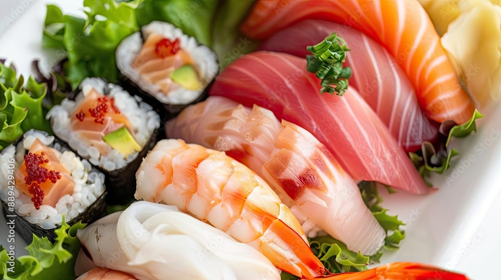 Assorted sushi platter with nigiri, sashimi, and rolls on a bed of greens, showcasing fresh seafood and vibrant colors. Assorted sushi platter with nigiri, sashimi, and rolls on a bed of greens, showcasing fresh seafood and vibrant colors.