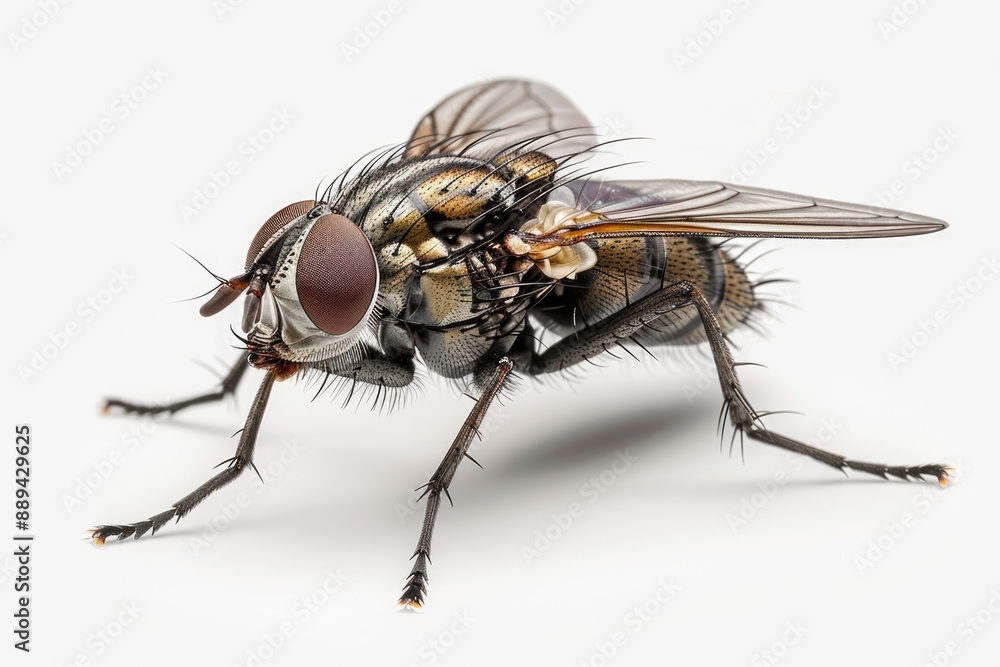 A detailed view of a fly sitting on a white surface, often used as a symbol in media and art A detailed view of a fly sitting on a white surface, often used as a symbol in media and art