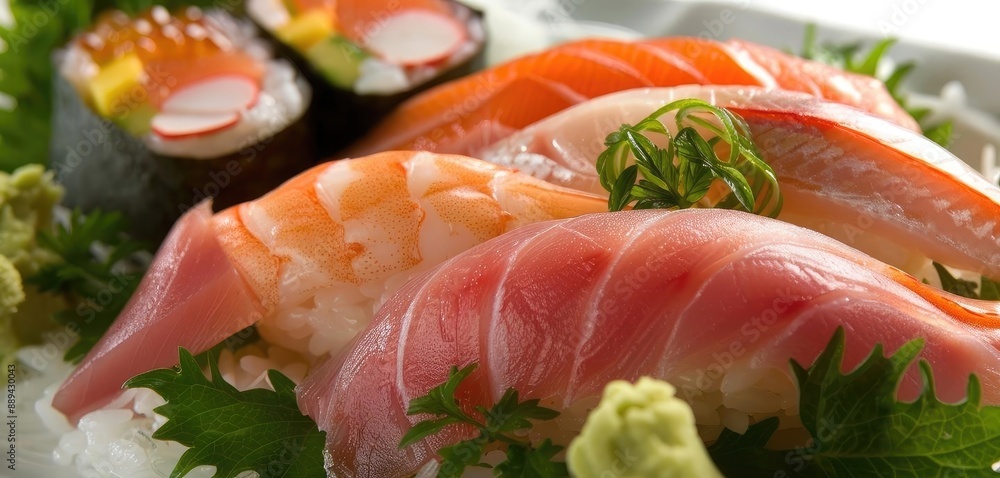 Assorted fresh sushi and sashimi platter with vibrant garnishes, perfect for culinary enthusiasts and Japanese cuisine lovers. Assorted fresh sushi and sashimi platter with vibrant garnishes, perfect for culinary enthusiasts and Japanese cuisine lovers.