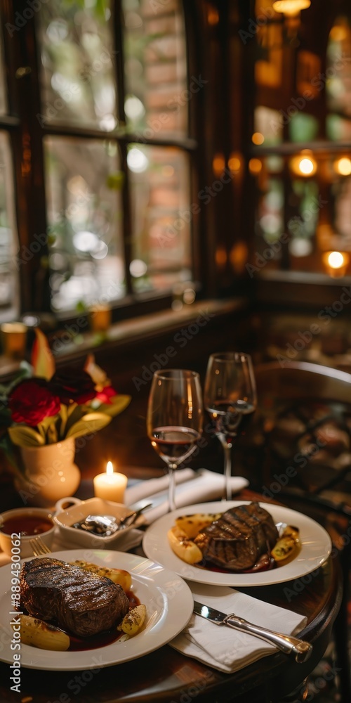 Romantic dinner setup with steaks, wine glasses, and a lit candle in an intimate restaurant setting with soft, warm lighting. Romantic dinner setup with steaks, wine glasses, and a lit candle in an intimate restaurant setting with soft, warm lighting.