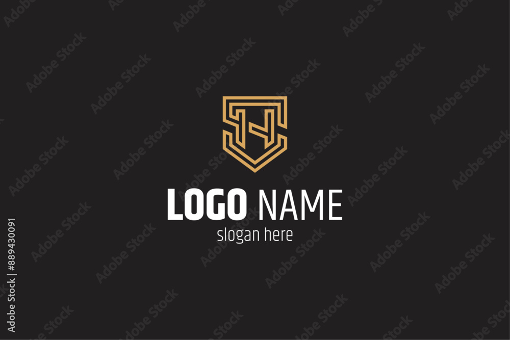 SH, HS letters monogram logo with shield shape combination in line art design style SH, HS letters monogram logo with shield shape combination in line art design style