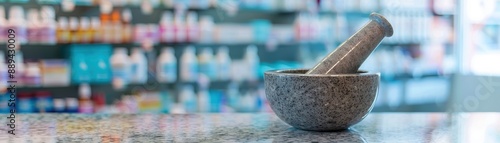 A mortar and pestle sits on a counter in a pharmacy. Concept of tradition and the importance of natural remedies