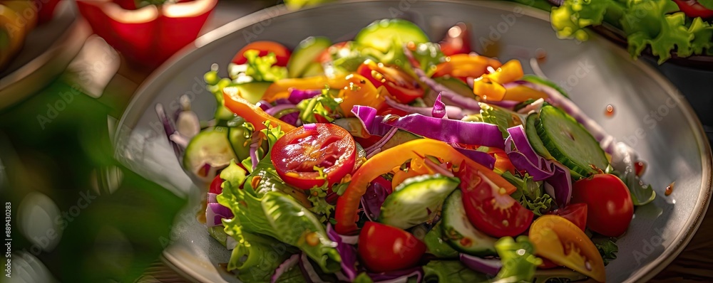 Fresh garden salad with vibrant tomatoes, cucumbers, and mixed greens served in a bowl, perfect for healthy eating and vegan diets. Fresh garden salad with vibrant tomatoes, cucumbers, and mixed greens served in a bowl, perfect for healthy eating and vegan diets.