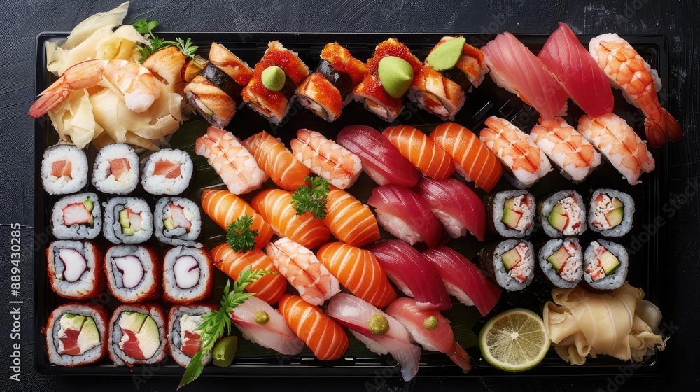 Assorted sushi platter with a variety of fresh sushi and sashimi, ideal for a gourmet meal. Perfect for sushi lovers and food photography. Assorted sushi platter with a variety of fresh sushi and sashimi, ideal for a gourmet meal. Perfect for sushi lovers and food photography.