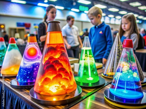 Colorful science fair displays feature volcano models, homemade lava lamps, and DIY solar systems, showcasing young minds' creativity and curiosity in STEM education. photo