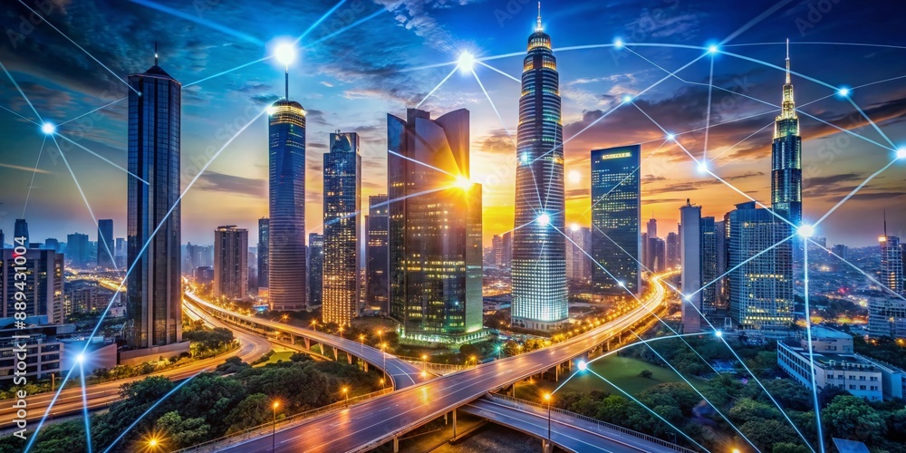 Fototapeta premium Futuristic cityscape with sleek skyscrapers, illuminated roads, and vibrant digital graphics, showcasing interconnected networks and IoT technology, under a radiant blue evening sky.