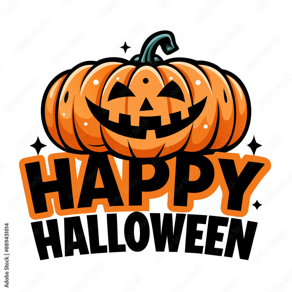 orange jack-o'-lantern with a wide, toothy grin is accompanied by the text Happy Halloween orange jack-o'-lantern with a wide, toothy grin is accompanied by the text Happy Halloween