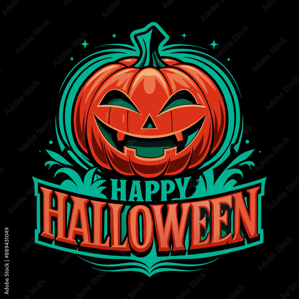 orange jack-o'-lantern with a wide, toothy grin is accompanied by the text Happy Halloween orange jack-o'-lantern with a wide, toothy grin is accompanied by the text Happy Halloween