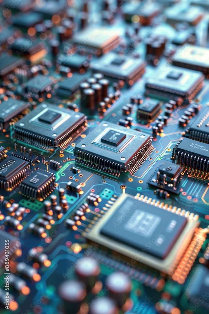 A close up of a computer chip with a blue background. The chip is lit up with orange lights A close up of a computer chip with a blue background. The chip is lit up with orange lights