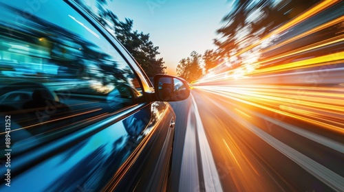 A car is driving down a road with a bright orange sunset in the background