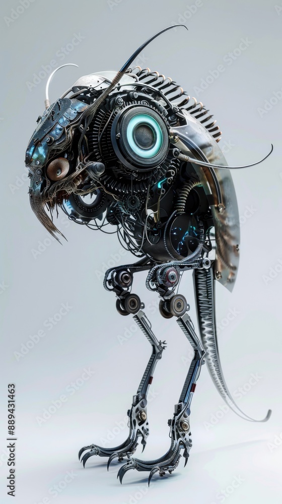 A robot with a metal body and a head that is covered in wires A robot with a metal body and a head that is covered in wires