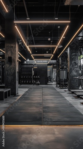 A gym with a black floor and white walls
