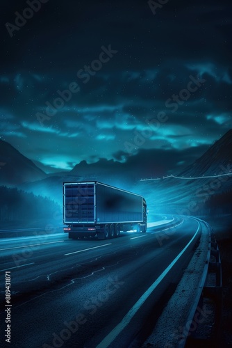 A red semi truck is driving down a road in the woods. The truck is surrounded by trees and the sky is dark