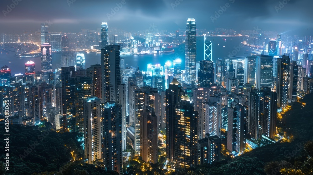 Obraz premium Nighttime View of Skyline From a Hilltop