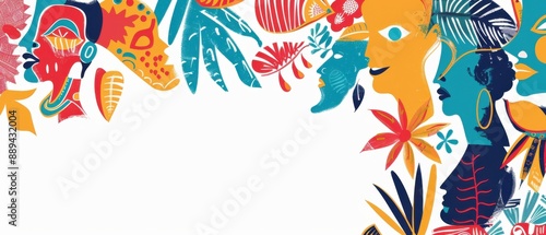 A colorful painting of people and plants