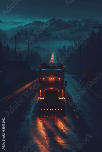 A red semi truck is driving down a road in the woods. The truck is surrounded by trees and the sky is dark