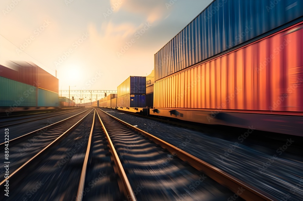 Fototapeta premium container train moving gracefully along railway tracks, with containers stacked uniformly on its cars under the warm glow of sunset