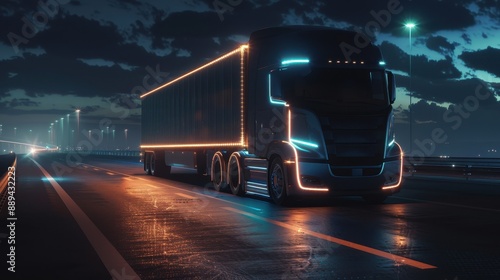 A red semi truck is driving down a road in the woods. The truck is surrounded by trees and the sky is dark