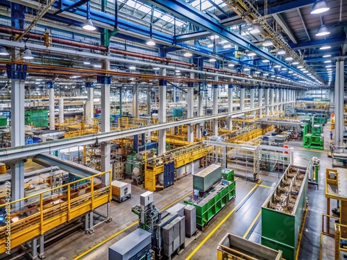 Massive industrial factory interior with rows of complex machinery, conveyor belts, and towering equipment, showcasing advanced manufacturing and production capabilities.