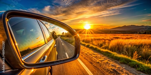 Vibrant sun reflection in rearview mirror of parked car on deserted roadside, capturing serene atmosphere and sense of adventure in warm, golden afternoon light.