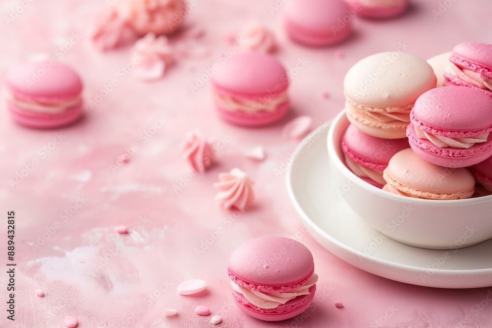 A delightful display of assorted pink macarons elegantly arranged on a pastel pink background, exuding sweetness and charm. A delightful display of assorted pink macarons elegantly arranged on a pastel pink background, exuding sweetness and charm.