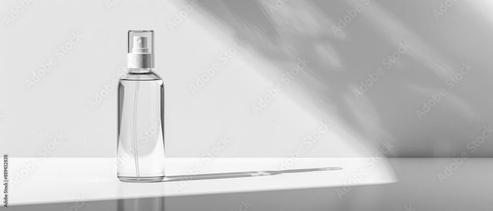 A clear bottle of perfume sits on a table in front of a window A clear bottle of perfume sits on a table in front of a window