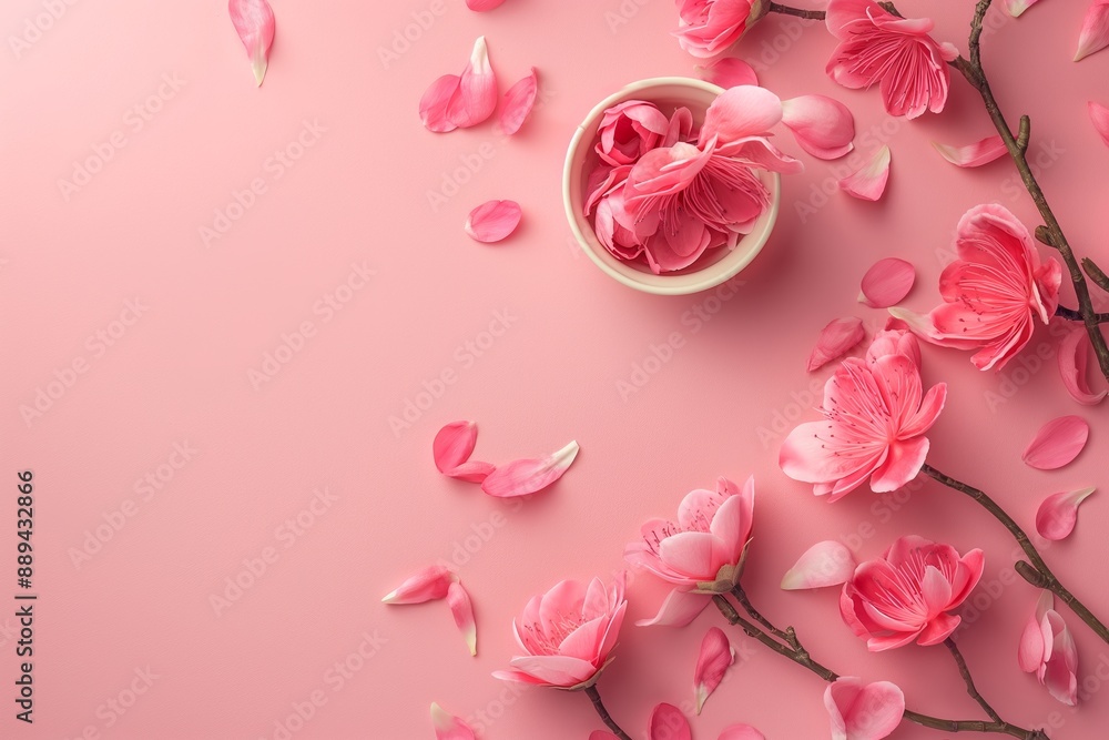 Pink flower petals and blooms are spread around a wooden bowl, set against a matching pink background for a delicate scene. Pink flower petals and blooms are spread around a wooden bowl, set against a matching pink background for a delicate scene.